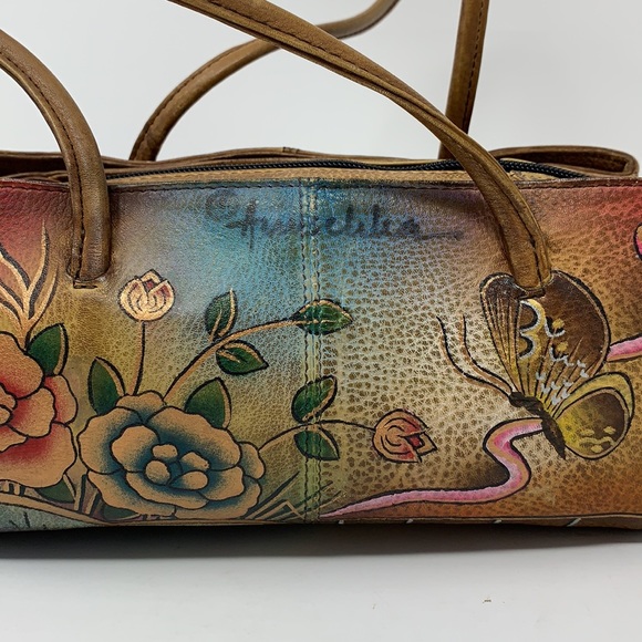 Anuschka Hand Painted Leather Bag Satchel Floral Zip - Picture 1 of 10